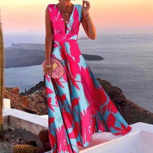 2021 Summer Retro Floral Printed Party Long Dress Women Elegant Sexy Deep V Neck